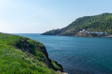 A summer's scene of St. John's Harbour, Newfoundland. The sky is pale blue. There's a lighthouse at the land's point along with small homes.  The bottom of the photo has a grassy knoll. - obrazy, fototapety, plakaty