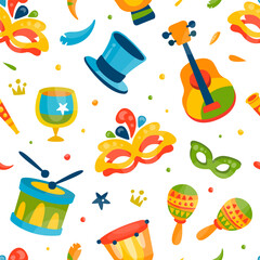 Brazilian Rio Carnival Seamless Pattern with Drum and Masquerade Mask Vector Template