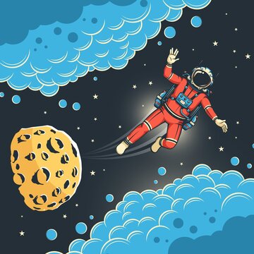 Astronaut flies in space among swirling clouds. Spaceman and moon in comic style. Planet with craters. Vector illustration.