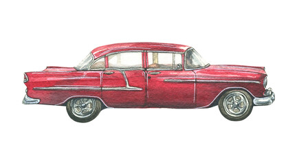 Obraz na płótnie Canvas Retro car, red, side view. Watercolor illustration. An isolated object from a large set of CUBA. For decoration, design and composition of compositions, posters, postcards, stickers, prints souvenirs