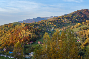 Autumn morning Carpathian Mountains calm picturesque scene, Ukraine. Peaceful traveling, seasonal, nature and countryside beauty concept scene.