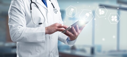 Doctor working on mobile smart phone with pharmacy icons. Online medical concept