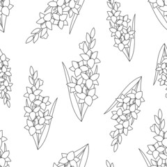 Seamless pattern with linear gladiolus flowers from black outlines on a white background. Simple print with garden plants. Vector contour graphics in vintage floral style for fabric, paper wrapping - obrazy, fototapety, plakaty