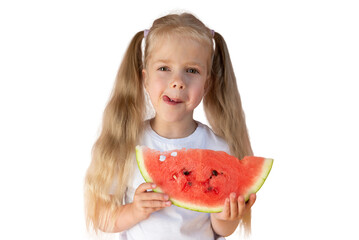 Beautiful little girl with watermelon isolated on white background.
