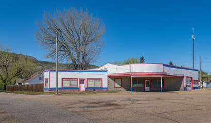 Exterior of an abandoned service station at East Coulee, Alberta