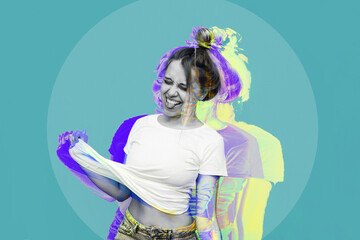 A young caucasian ridiculous woman shows tongue grimacing and pulling up her white t-shirt isolated on a teal blue color background. Trendy abstact collage in magazine style. Modern contemporary art