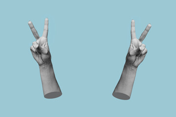 Two female hands showing a peace gesture isolated on a blue color background. Trendy abstact collage in magazine urban style. 3d contemporary art. Modern design. Victory hand sign