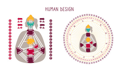 Human Design BodyGraph chart. Nine colored energy centers, planets, variables. Mandala. Hand drawn vector graphic
