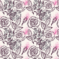 Abstract pattern with rose flowers, animalistic print on beige background