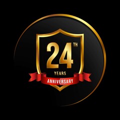 24 years anniversary logo with golden shield and ribbon for booklet, leaflet, magazine, brochure poster, banner, web, invitation or greeting card. Vector illustrations.