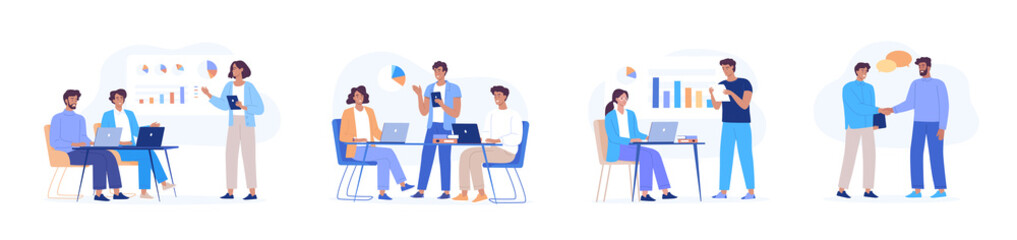 Different people work in the office, make presentation, conferences and business meeting