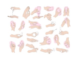 colored delicate hands on pink and blue spots isolated on white background, a large set of female hands with a variety of cosmetics, a set for creating beauty advertising and printing