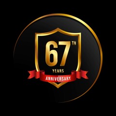 67 years anniversary logo with golden shield and ribbon for booklet, leaflet, magazine, brochure poster, banner, web, invitation or greeting card. Vector illustrations.