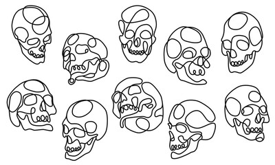 Stylized human skull printable graphic collection black line art on white background