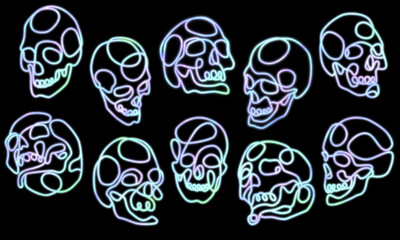 Stylized human skull printable graphic collection color line art on black background