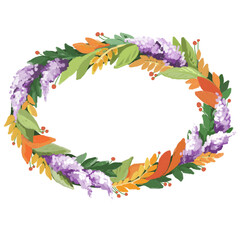 Floral frame / wreath - flowers, leaves and branches with circle geometric shape, for wedding invites, greetings, wallpapers, fashion, and background. Colorful flowers, green leaves.