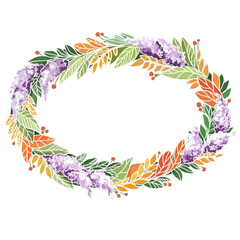 Floral frame / wreath - flowers, leaves and branches with circle geometric shape, for wedding invites, greetings, wallpapers, fashion, and background. Colorful flowers, green leaves.