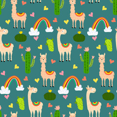 Pattern with llamas and a rainbow. Vector drawing on a colored background. For packaging, prints and fabric, baby products, scrapbooking, stationery.