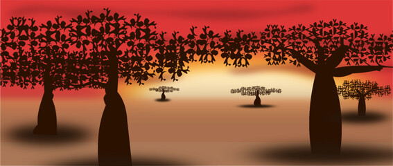 Group of baobabs with a red sunset in the background