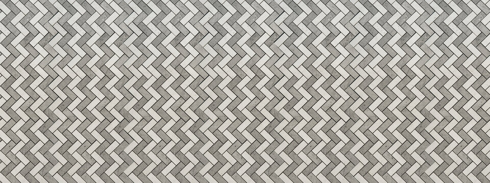 Abstract Seamless White Gray Grey Modern Mosaic Porcelain Stoneware Cement Subway Tile, Patchwork Laid In A Herringbone Pattern Texture Background Banner Panorama