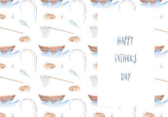 Happy Father's Days 7"x10" Postcards - Watercolor Fishing Dad, Papa Illustrations, pattern for postcard, poster or greeting card