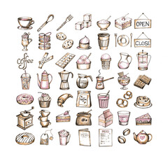 Set of hand-drawn cafe icons (color) included food, drinks, different cafe stuff, and tablets.