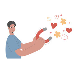 Fototapeta na wymiar Flat illustration of a man with a magnet attracts love, hearts and flowers. Romantic cute concept.