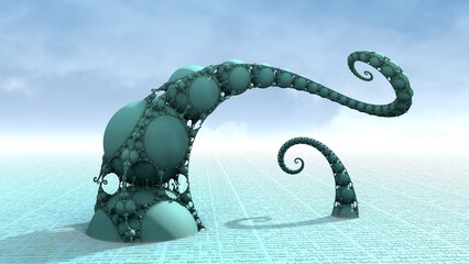 Bizarre 3D fractal landscape with recursive Kleinian structures.