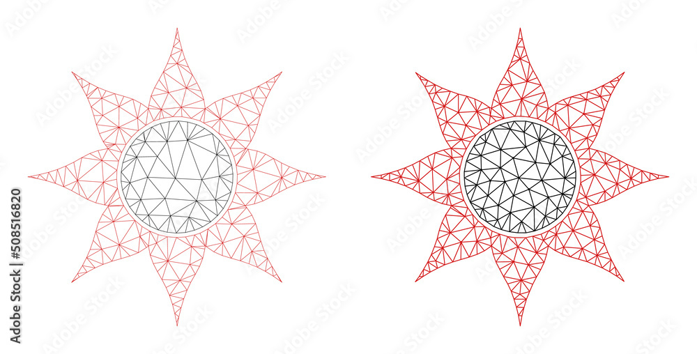 Poster polygonal mesh black sun icons. flat mesh versions created from black sun symbol and triangulated li
