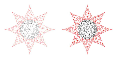 Polygonal mesh black sun icons. Flat mesh versions created from black sun symbol and triangulated lines. Abstract lines, triangles and points are combined into black sun mesh.