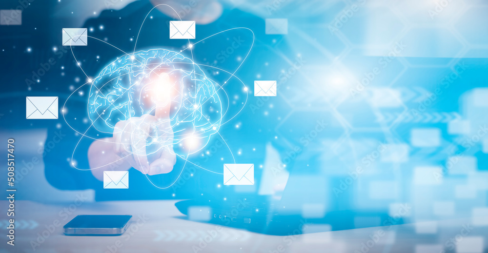 Poster brain with e-mail and marketing concept, businessman touch brain 3 d with email pressing for sending