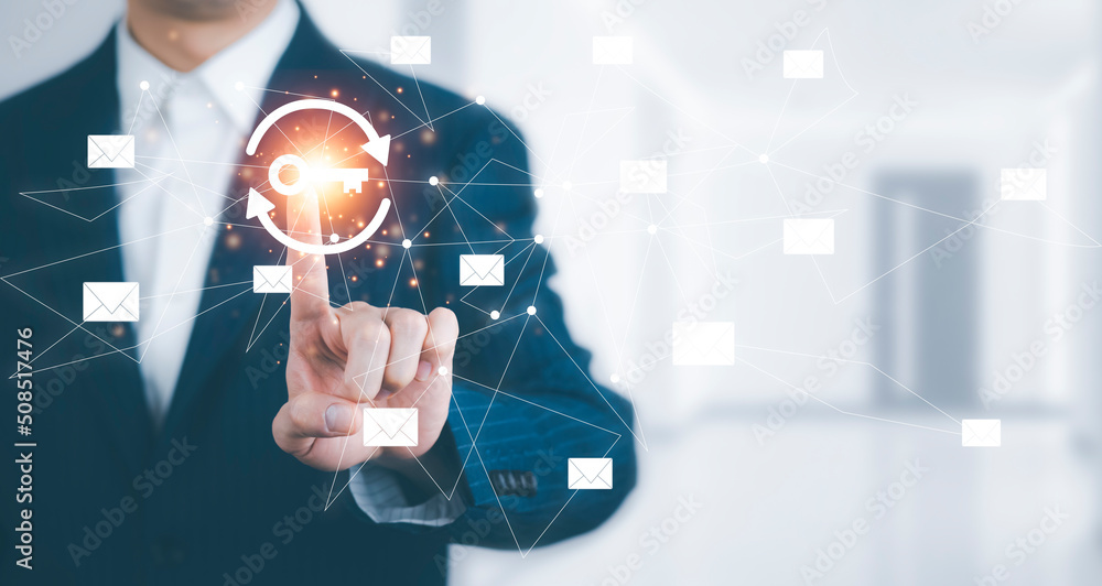 Poster e-mail and marketing concept. double exposure businessman touch key and email pressing for sending t