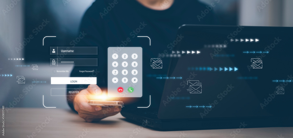 Poster hand hold smartphone with virtual global with cyber security, login, user, identification informatio