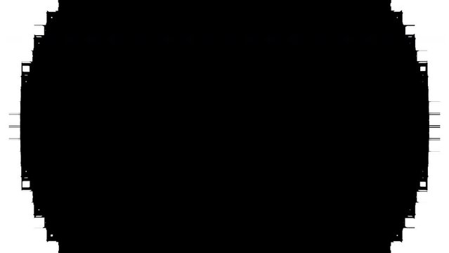 Single pixelated ring diverges from the center of screen. Abstract black and white transition mask. CG 2D animation.