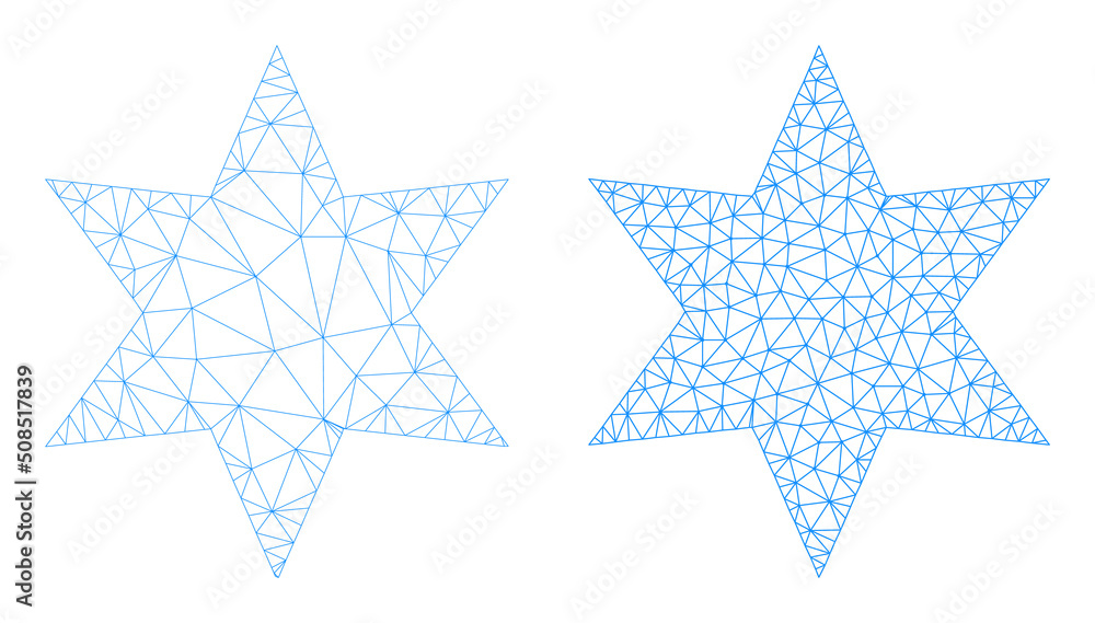 Poster polygonal mesh 6-finger star icons. flat model variants are created from 6-finger star icon and tria