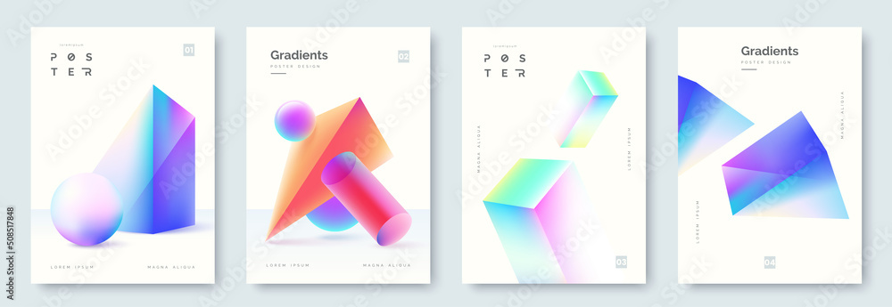 Aufkleber abstract poster collection with colorful 3d geometric shapes. geometric gradient background in minim