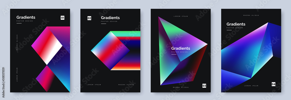 Aufkleber Abstract black poster collection with colorful gradient geometric shapes. Cover set in minimal style. Neon glow backgrounds. Ideal for banner, music party invitation, club flyer. Vector illustration