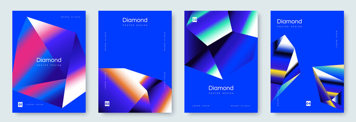 Poster collection with colorful polygonal diamond gradient. Abstract blue crystal background. Low poly banners set. Ideal for jewellery promo, cover, fashion, gift card, flyer. Vector illustration