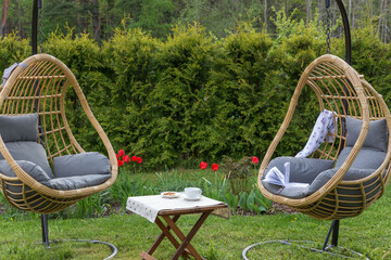 Rattan garden swing with cushion in the garden, seating area in the yard. Summer vacation concept.