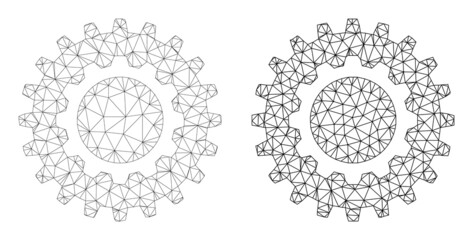 Polygonal mesh cogwheel icons. Flat mesh versions created from cogwheel symbol and mesh lines. Abstract lines, triangles and points are combined into cogwheel carcass.