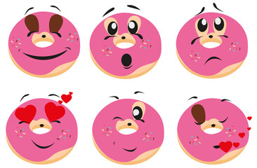 Donut emoticons for web design. Emoji or emoticons with a funny face. Round comic with different emotions. Various colorful characters. Cartoon style. Hand drawn fashion vector illustration.