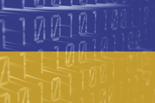 Binary code pattern on colors of flag of Ukraine background computer cyber technology concept.