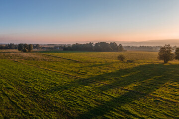 Fototapeta premium Green fields surrounded by the trees during sunrise. Blue sky and pastel colors. 