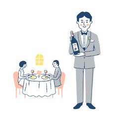 ソムリエとレストランで食事をするカップル