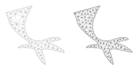 Polygonal mesh bird foot icons. Flat model versions are created from bird foot pictogram and mesh lines. Abstract lines, triangles and points are organized into bird foot mesh.