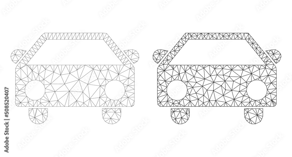 Poster polygonal mesh car icons. flat model variants are created from car pictogram and mesh lines. abstrac