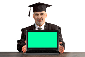 Academician, Professor with laptop.Concept of online education e-learning at the university, college. Prof is wearing a cap with Tassel and gown. Senior educator or Doctor of Philosophy, learned man