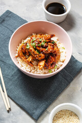 Homemade sesame Chicken served with Jasmine white rice