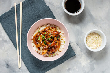 Homemade sesame Chicken served with Jasmine white rice