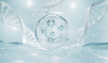 Collagen bubble on Molecule Background, concept cosmetic oil liquid advertising. 3d rendering.